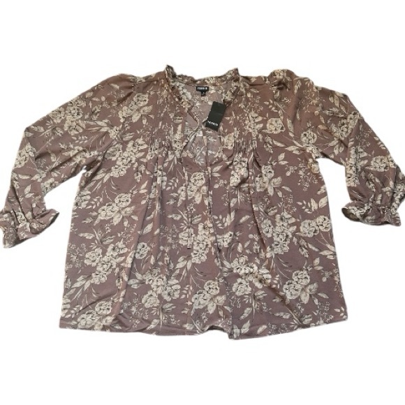 Torrid Brown & Cream Floral Pintuck Boho Blouse Peasant Sleeves V-neck  1X New - Picture 11 of 16